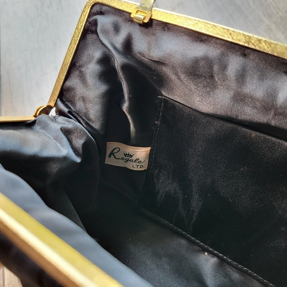 Regale Ltd Vintage Black Pleated Satin Clutch Rhinestone Clasp Gold Chain